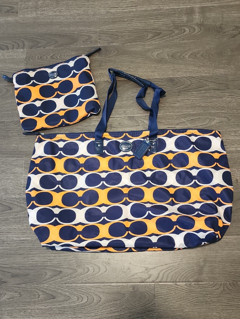 Coach Navy and Orange Geo Print Tote with Zip Pouch